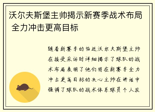 沃尔夫斯堡主帅揭示新赛季战术布局 全力冲击更高目标
