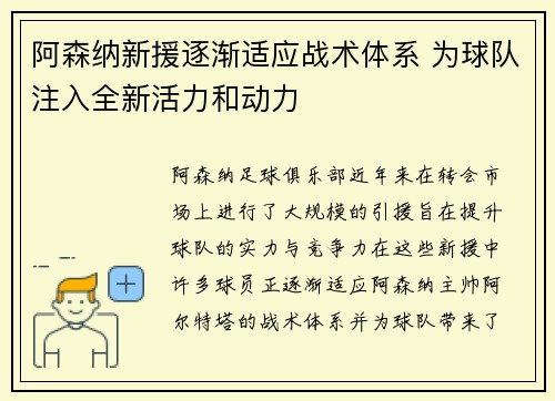 阿森纳新援逐渐适应战术体系 为球队注入全新活力和动力