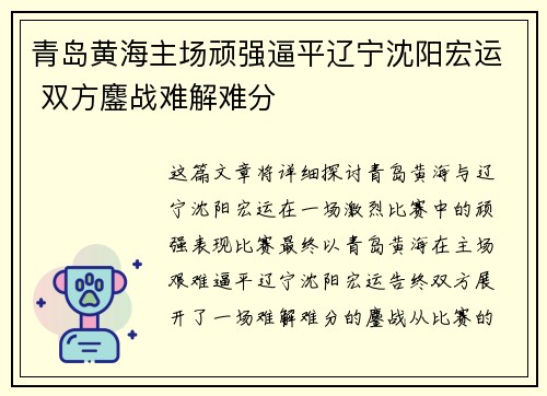 青岛黄海主场顽强逼平辽宁沈阳宏运 双方鏖战难解难分