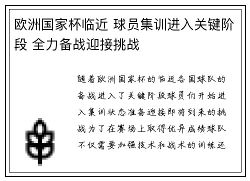 欧洲国家杯临近 球员集训进入关键阶段 全力备战迎接挑战